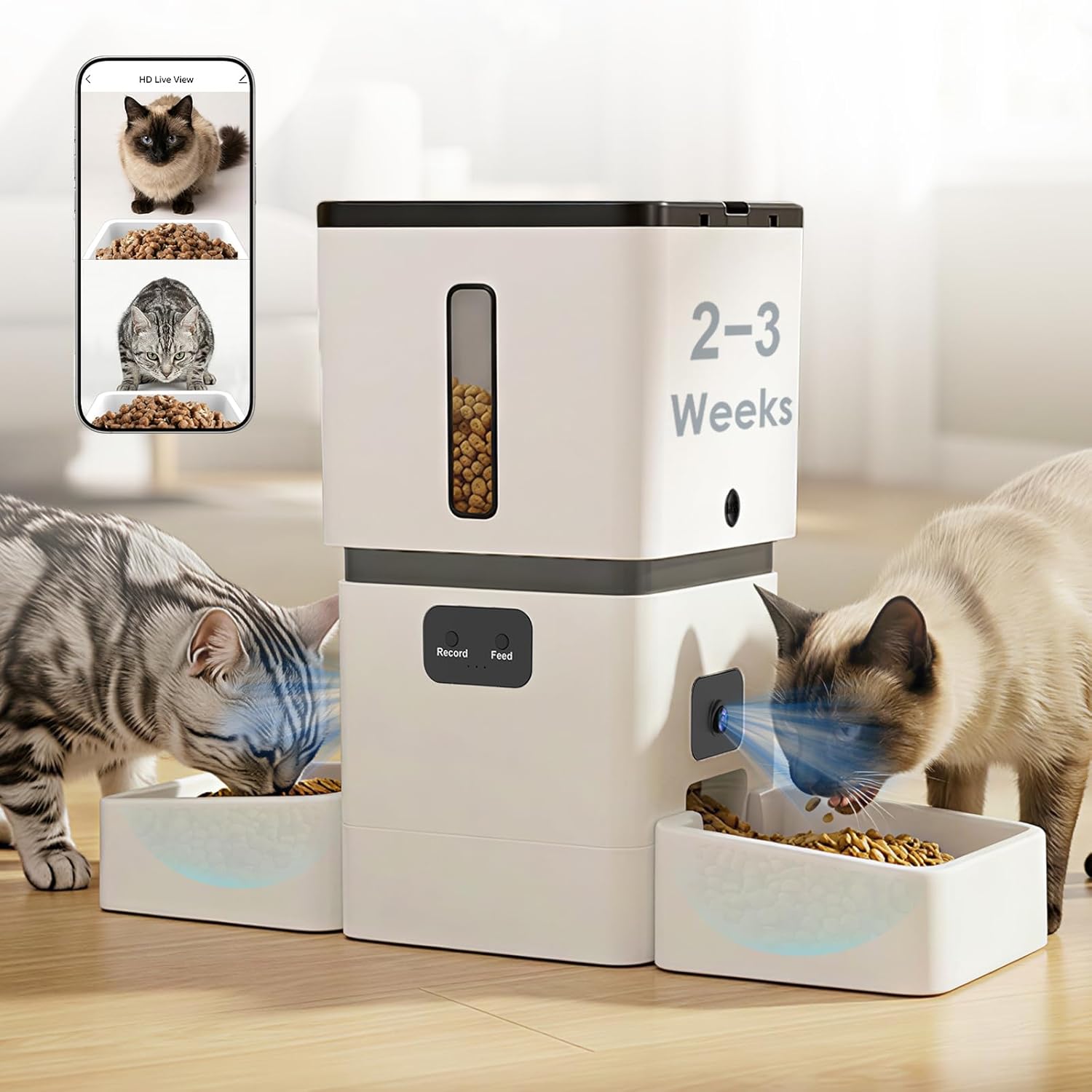 Yakry Automatic Cat Feeder for 2 Cats - Two HD Cameras Easy Setup 5GHz Stable WiFi Dog Food Dispenser with HD Night Vision - 8L Pet Feeder with Dual Bowls for Multi-Cat & Small Dogs Indoor