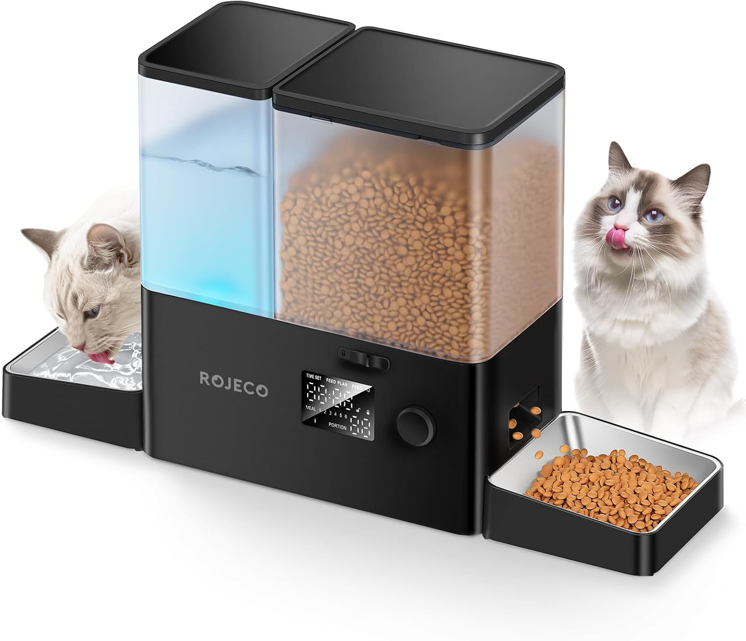 ROJECO Automatic Cat Feeder and Water Dispenser,36Cups/8.5L 2-in-1 Stainless Steel Bowls Large Capacity Cat Food Dispenser and Gravity Water Fountain for Cats Small Dogs Puppies Kittens Pets